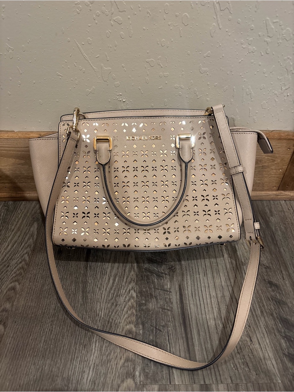 Michael Kors Light Blush Laser-Cut Leather Satchel with Gold Hardware
